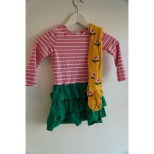 Hanna Andersson Green Pink Ruffle Striped Dress w/ Floral Tights Girl’s Size 4